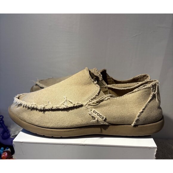 Mens Crocs Santa Cruz Loafers Frayed Canvas Slip-On Shoes Beige Size 10 - Picture 8 of 13
